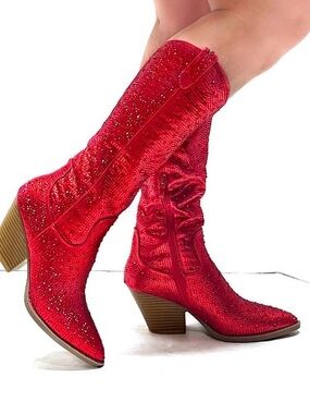 Red Sequined Western-Style Mid-Calf Heeled Boots